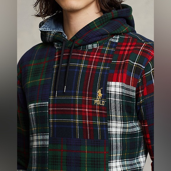 Polo Ralph Lauren Patchwork Plaid Fleece Hoodie Men’s Sz Small Pullover - Picture 3 of 13